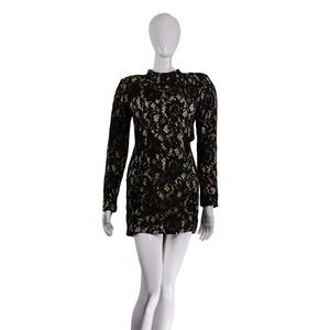 Elegant Black Gold Lace Mini Dress, Long Sleeve Bodycon